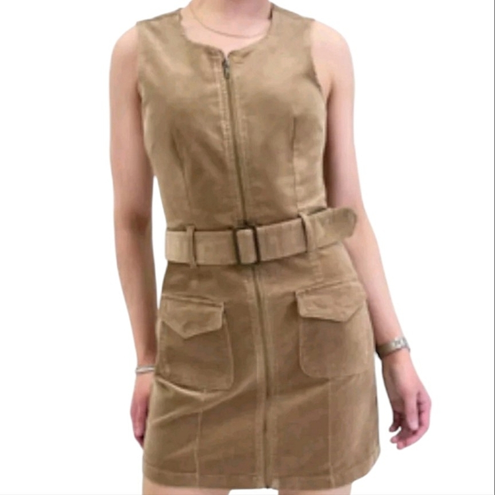 Rewash Full Zip Tan Dress With Removable Belt & Flap Patch Pockets X-Small